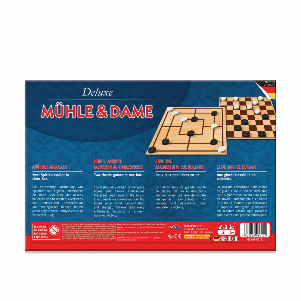 Noris Deluxe Nine Men's Morris and Checkers Game Box, Board Game, Strategy Game, Game Collection, Game, 606108012