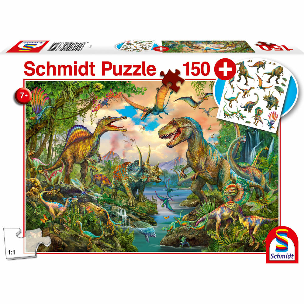 Schmidt Spiele Children's Puzzle Wild Dinos, Standard, Children's Puzzle, with Dinosaur Tattoos, 150 Pieces, From 6 Years, 56333