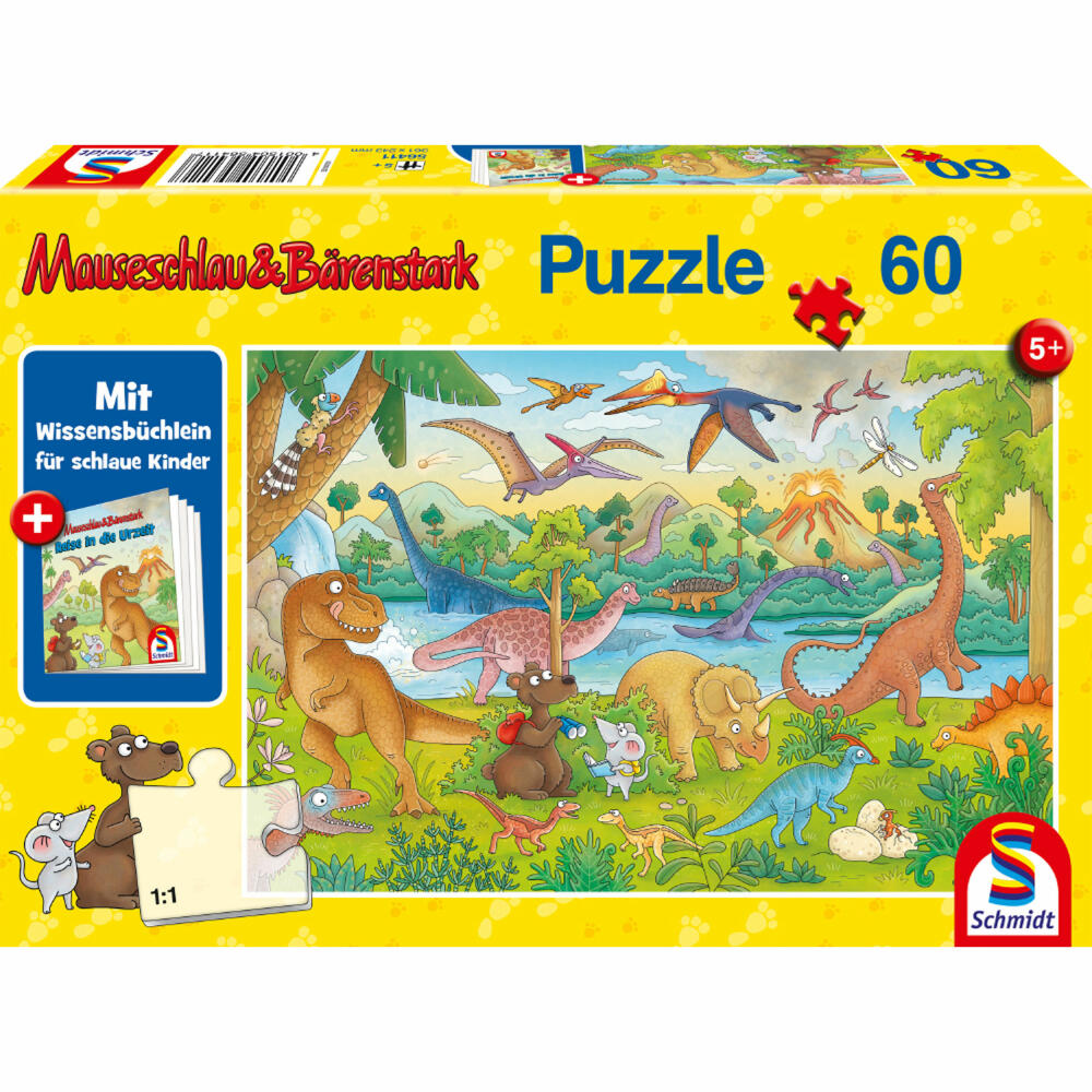 Schmidt Spiele Mauseschlau & Bärenstark Journey into Prehistoric Times, with Add-on, Children's Puzzle, Children's Puzzles, 60 Pieces, 56411
