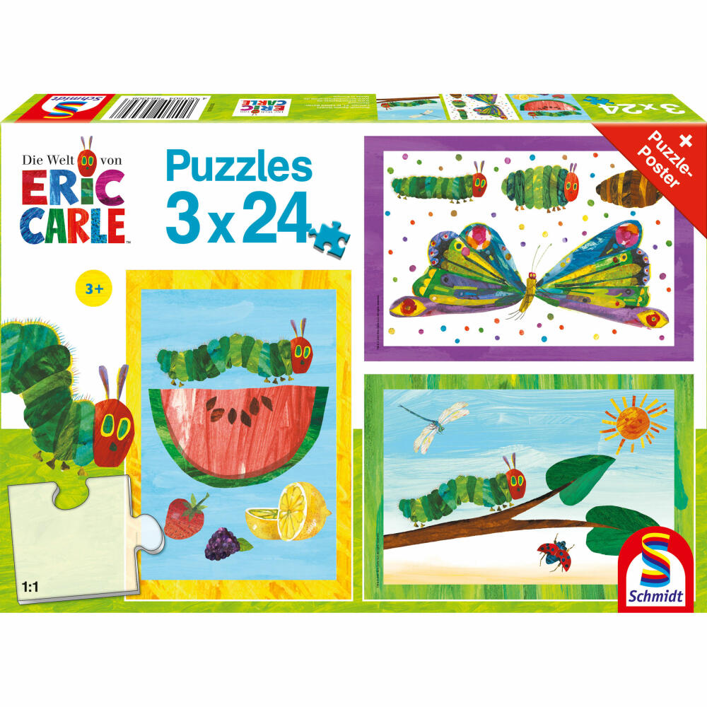 Schmidt Spiele Die Kleine Raupe Nimmersatt Raupe-Kokon-Schmetterling, Kinderpuzzle, Kinder Puzzle, Kinderpuzzles, 3 x 24 Teile, 56430