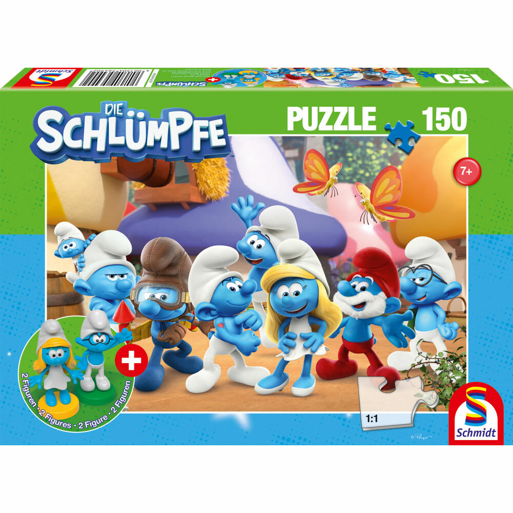Schmidt Spiele Puzzle Die Schlümpfe Schlumpfige Freunde, Kinderpuzzle, Kinder, 150 Teile, mit 2 Figuren, 56524