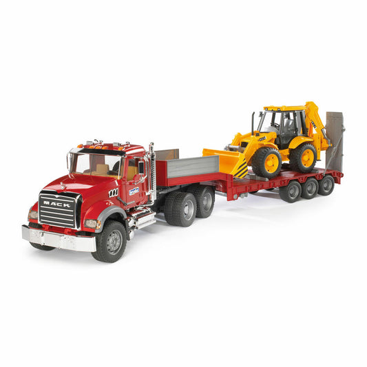 Bruder Baufahrzeuge MACK Granite LKW Tieflader, mit JCB 4CX Baggerlader, Bagger, Modellfahrzeug, Modell Fahrzeug, Spielzeug, 02813