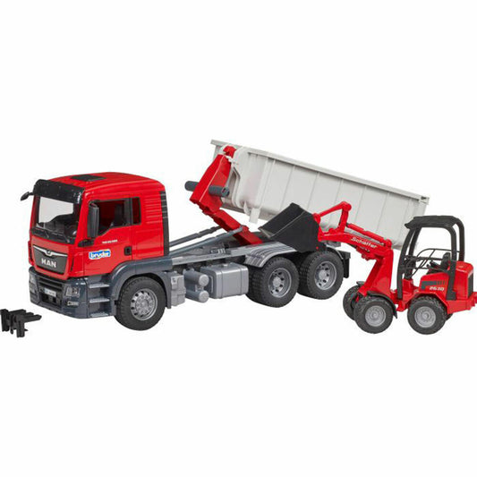 Bruder 03767 MAN TGS LKW mit Abrollcontainer und Schäffer Hoflader
