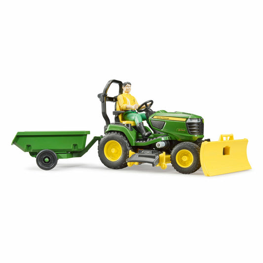 Bruder bworld John Deere Aufsitzrasenmäher mit Anhänger und Gärtner, mit Spielfigur, Rasentraktor, Spiel Figur, Zubehör, 62104