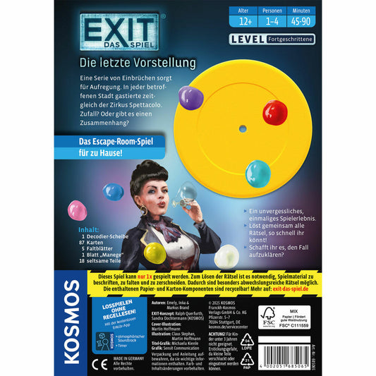 KOSMOS EXIT Das Spiel Die letzte Vorstellung, Escape Room Spiel, Abenteuerspiel, Level Fortgeschrittene, 685065