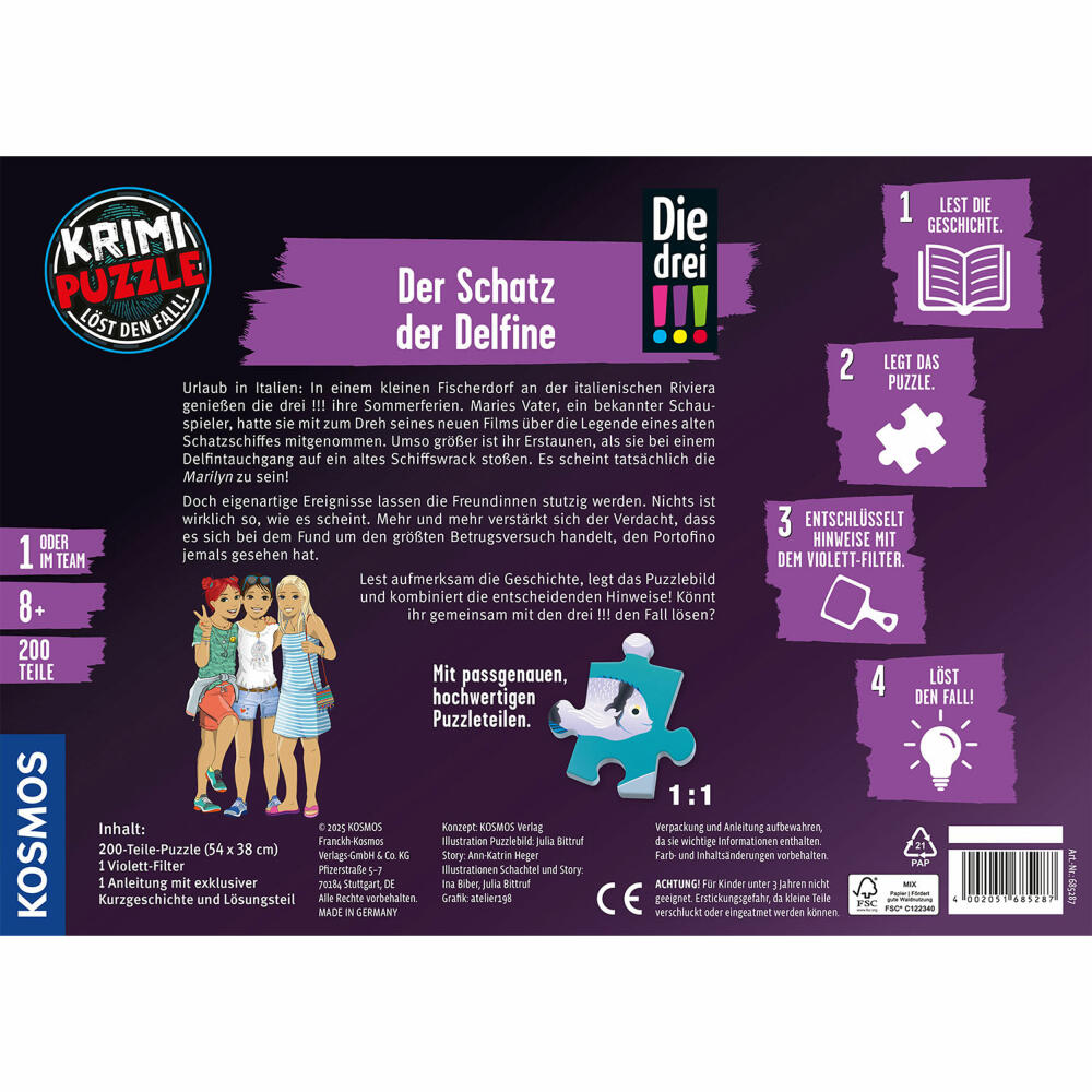 KOSMOS Krimipuzzle Die drei !!! Der Schatz der Delfine, Krimi Puzzle, Rätsel, Spiel, Kinder, ab 8 Jahren, 685287