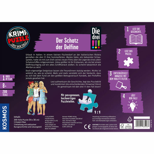 KOSMOS Krimipuzzle Die drei !!! Der Schatz der Delfine, Krimi Puzzle, Rätsel, Spiel, Kinder, ab 8 Jahren, 685287