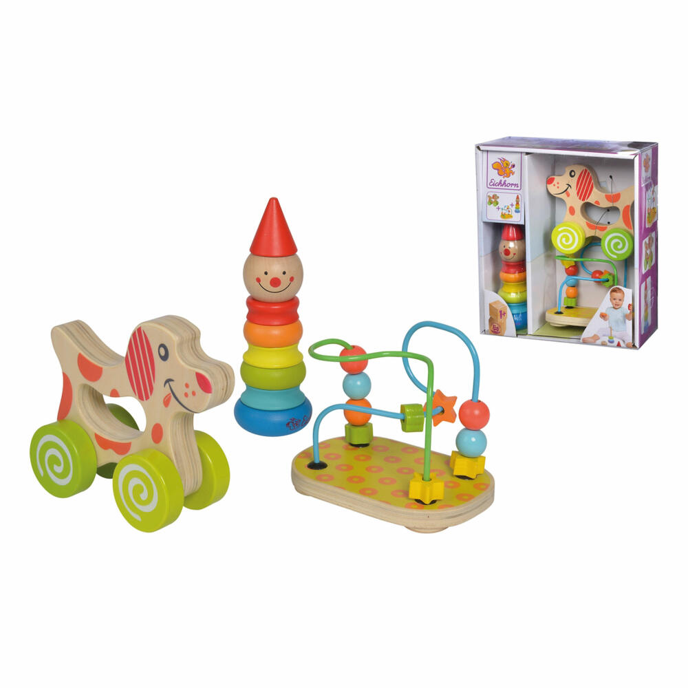 Eichhorn educational play set, 3 pcs., motor skills loop, plug-in figure, clown, push dog, motor skills toy, wooden toy, 100003750