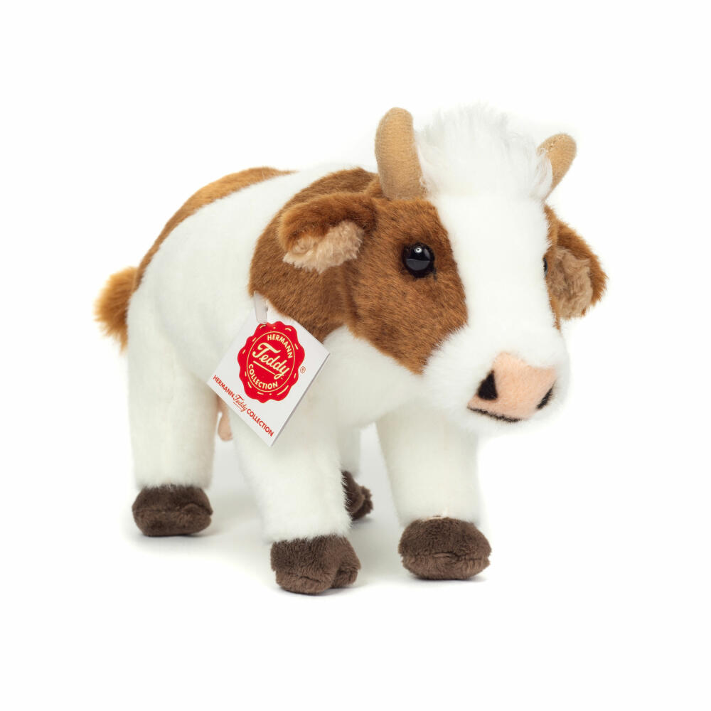Teddy Hermann cow standing, cuddly toy, stuffed toy, plush toy, domestic and farm animal, brown and white, 23 cm, 917328