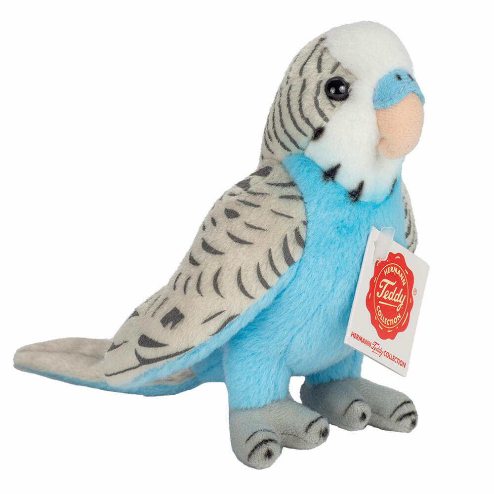 Teddy Hermann Wellensittich, Kuscheltier, Stofftier, Plüschtier, Vogel, exotisches Tier, Haustier, stehend, Plüsch, blau, 13 cm, 94159
