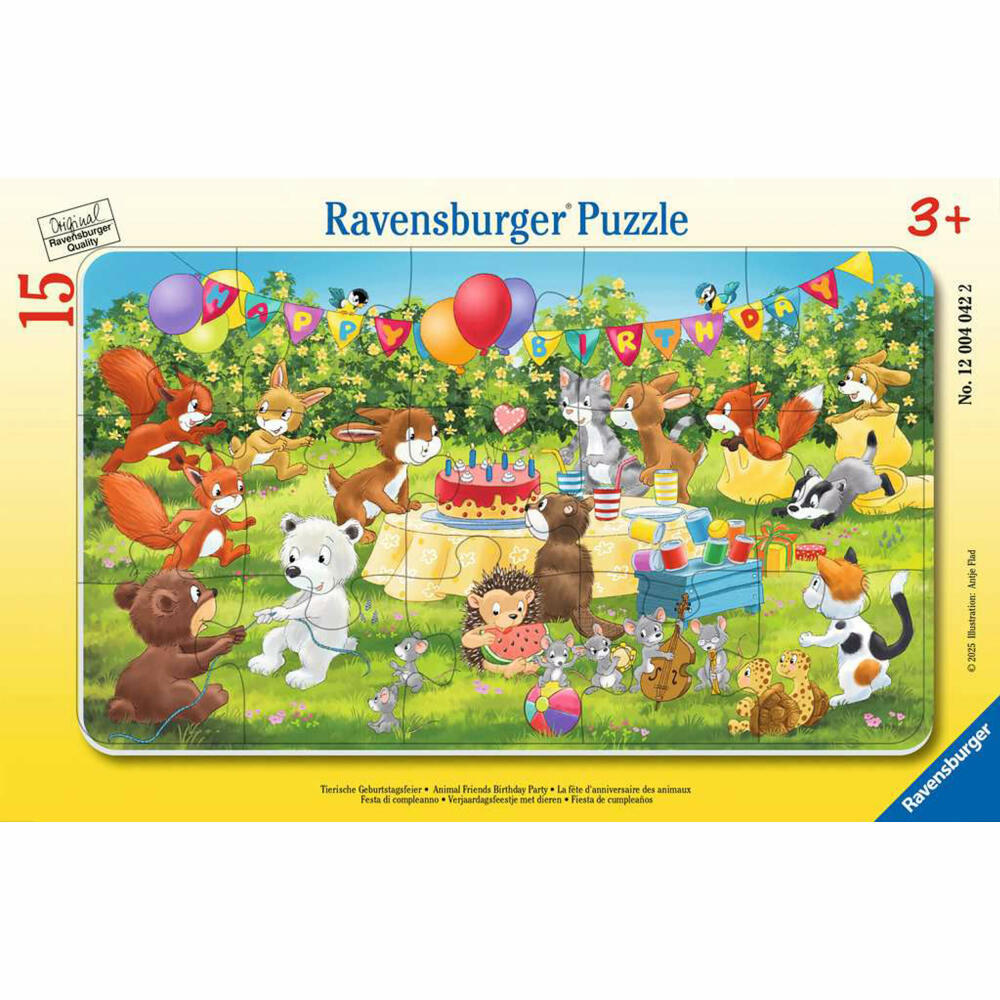 Ravensburger Tierische Geburtstagsfeier, Puzzle, Rahmenpuzzle, Kinderpuzzle, 15 Teile, ab 3 Jahren, 12004042