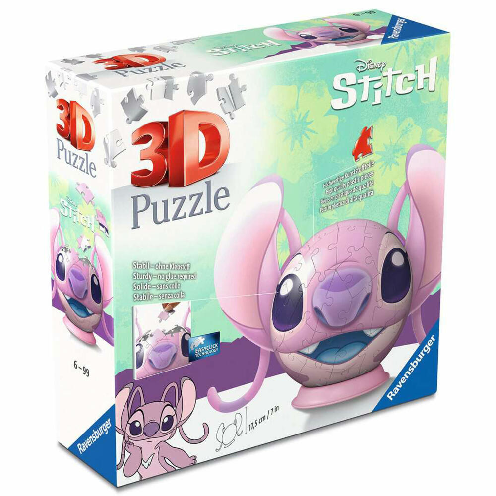Ravensburger 3D Puzzles Puzzle-Ball Disney Stitch - Angel mit Ohren, Puzzleball, 72 Teile, ab 6 Jahren, 11639