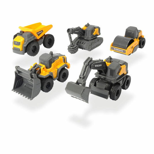 Dickie Toys Volvo Micro Workers, 5er Set, Baustellenset, Baustelle, Fahrzeuge, Bagger, Radlader, Walze, 203722008