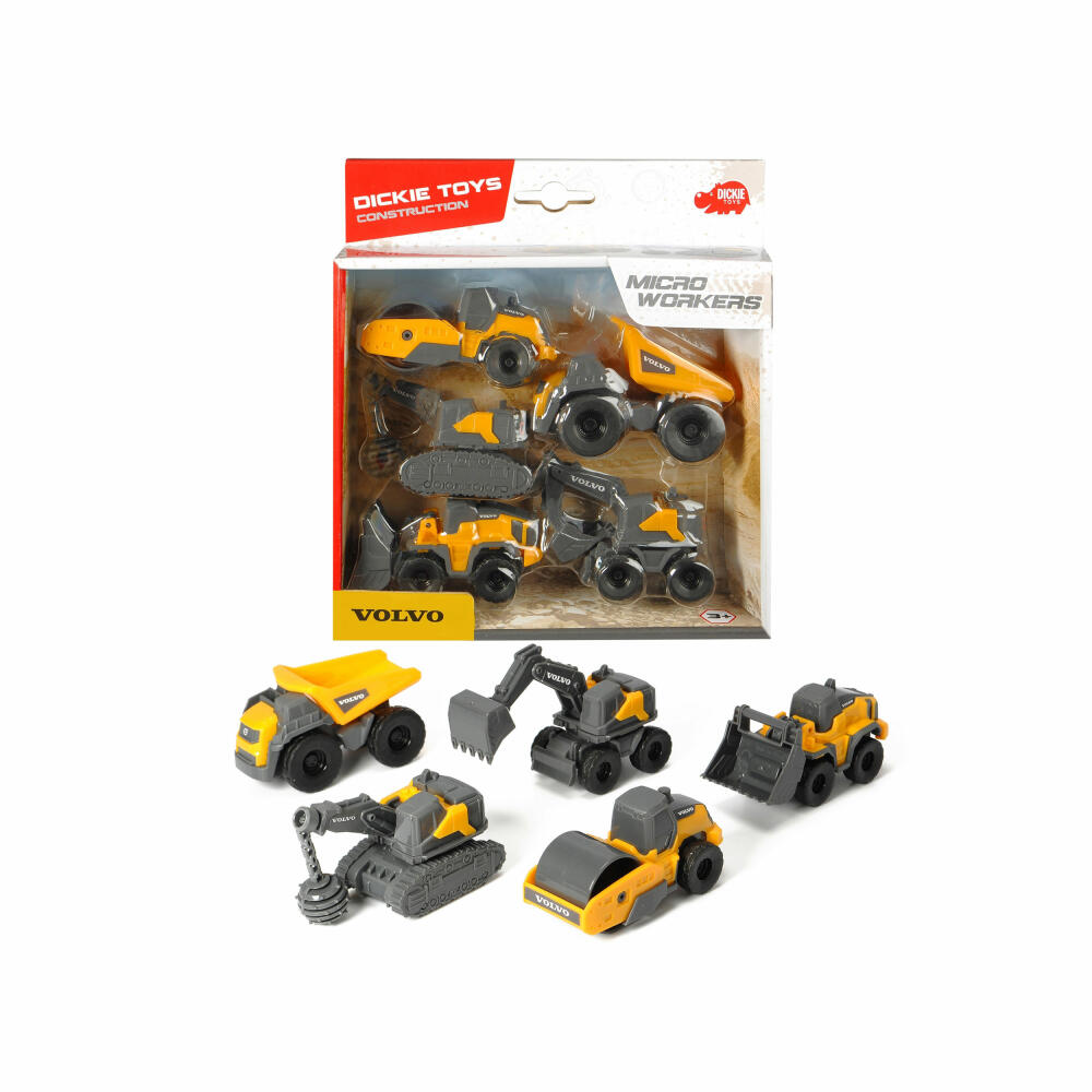 Dickie Toys Volvo Micro Workers, set of 5, construction site set, construction site, vehicles, excavator, wheel loader, roller, 203722008