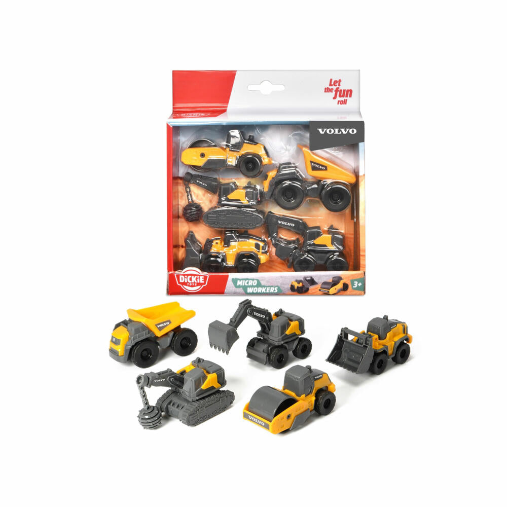 Dickie Toys Volvo Micro Workers, set of 5, construction site set, construction site, vehicles, excavator, wheel loader, roller, 203722008