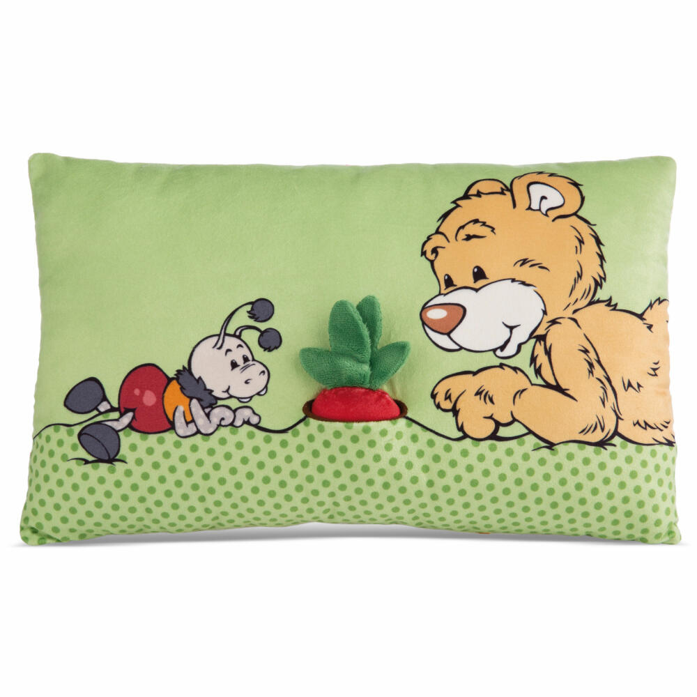 NICI Green Klassik Bär Kissen Bär Mielo mit 2D Radieschen, Kopfkissen, Kuschelkissen, Dekokissen, 43 x 25 cm, 49449