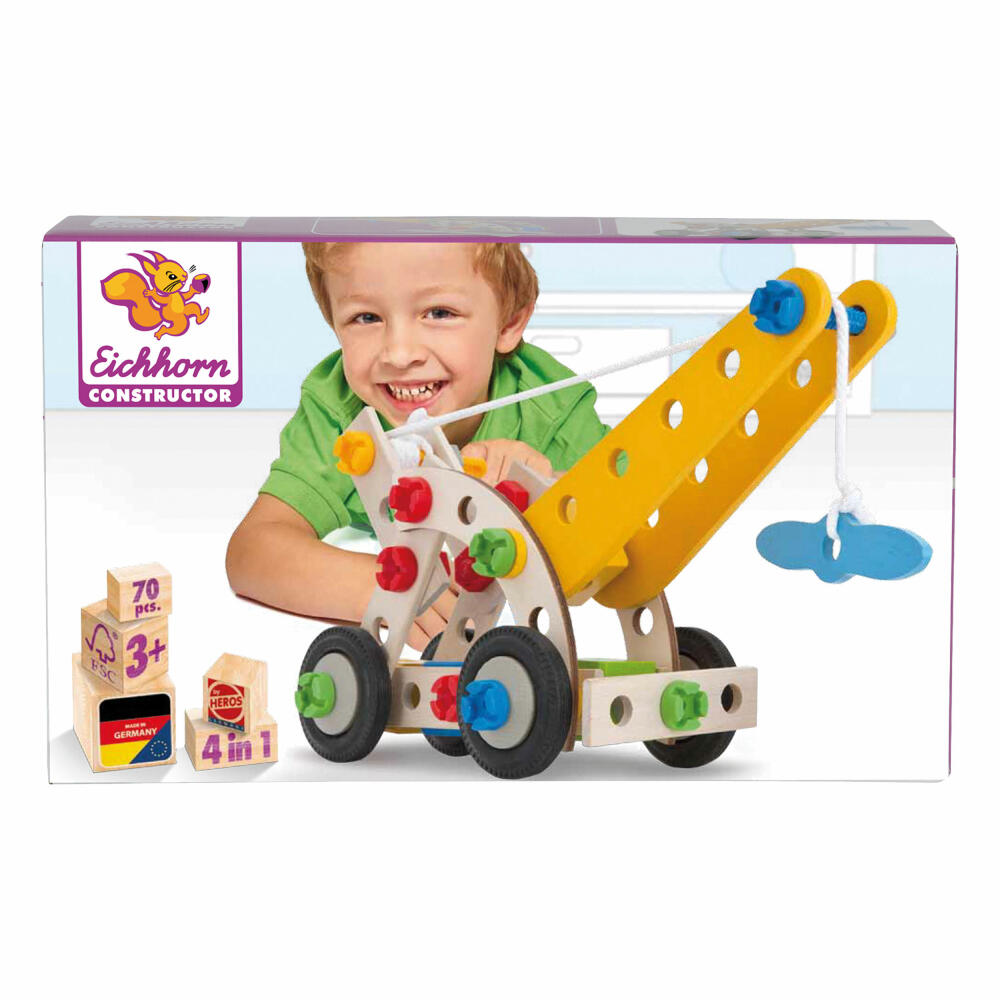 Eichhorn Constructor Kranwagen Set, 70-tlg., Baukasten, Bau Set, Bausatz, Kinder Spielzeug, Holz, 100039022
