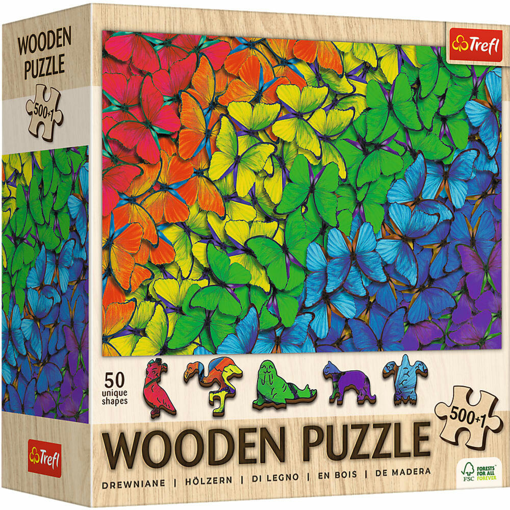 Trefl Holz Puzzle Regenbogen Schmetterlinge, Holzpuzzle, 500 + 1 Teile, 37.5 x 25.4 cm, 20217