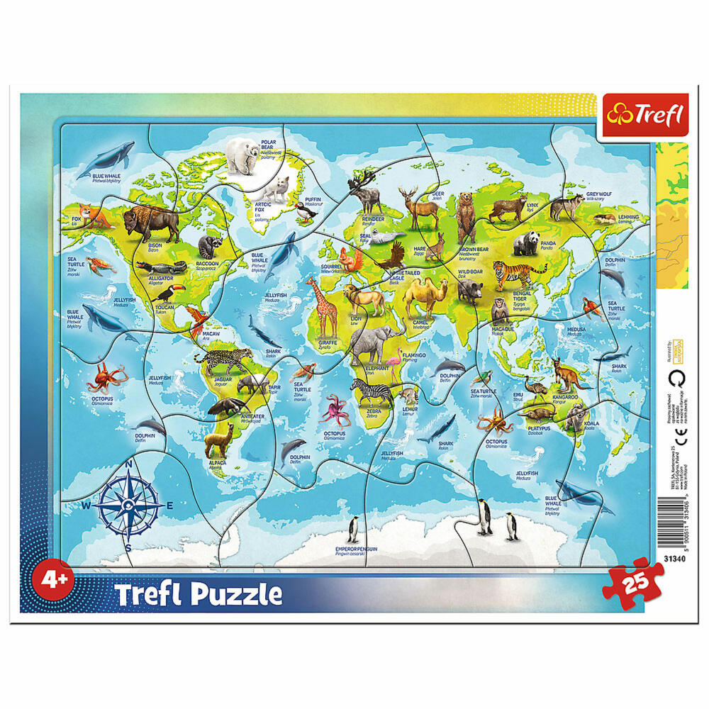Trefl Rahmen-Puzzle Weltkarte mit Tieren, Rahmenpuzzle, 25 Teile, 36.7 x 28.7 cm, 31340