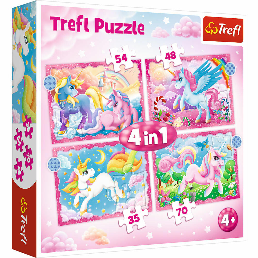 Trefl 4 in 1 Puzzle - Einhörner, Kinderpuzzle, Kinder, 35 + 48 + 54 + 70 Teile, 28.5 x 20.5 cm, 34389