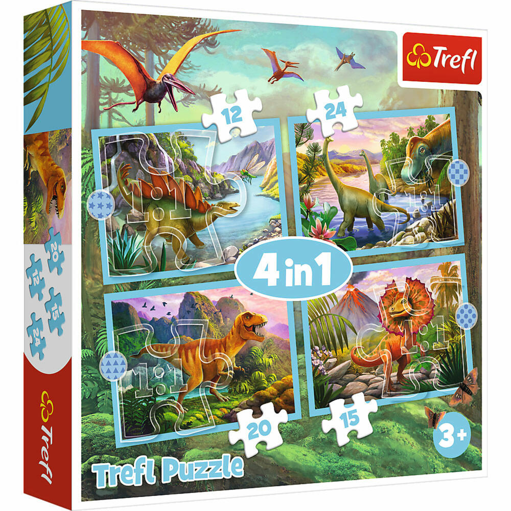Trefl 4 in 1 Puzzle - Dinosaurier, Kinderpuzzle, Kinder, 12 + 15 + 20 + 24 Teile, 28.5 x 20.5 cm, 34609