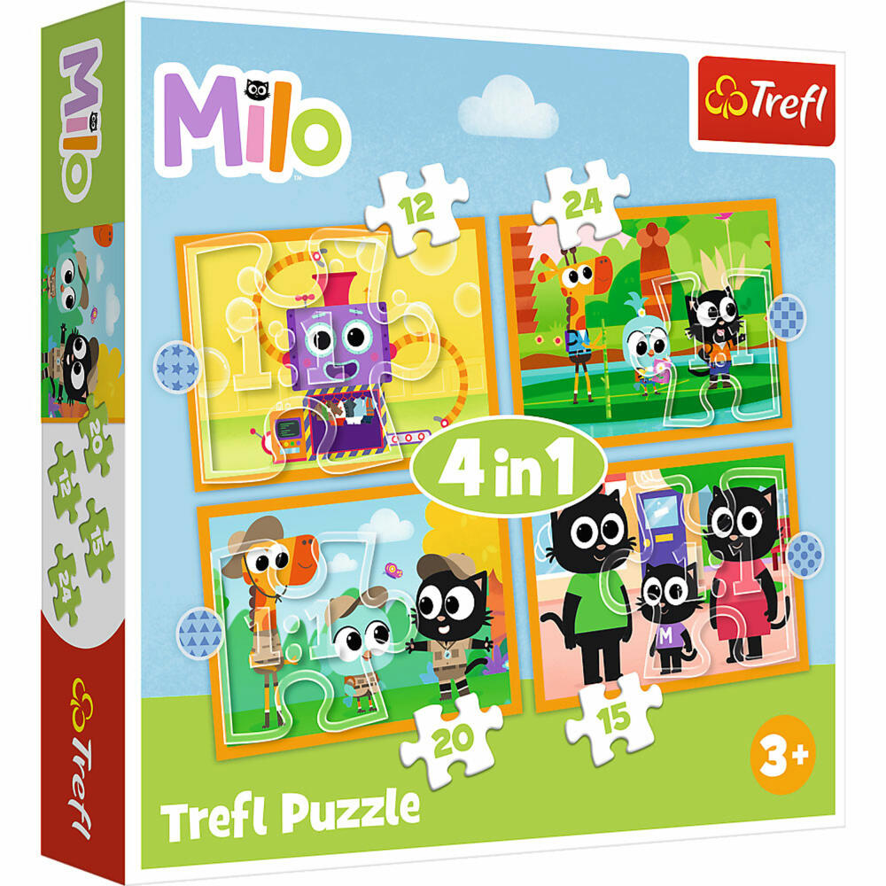 Trefl 4 in 1 Puzzle - Milo, Kinderpuzzle, Kinder, 12 + 15 + 20 + 24 Teile, 28.5 x 20.5 cm, 34654