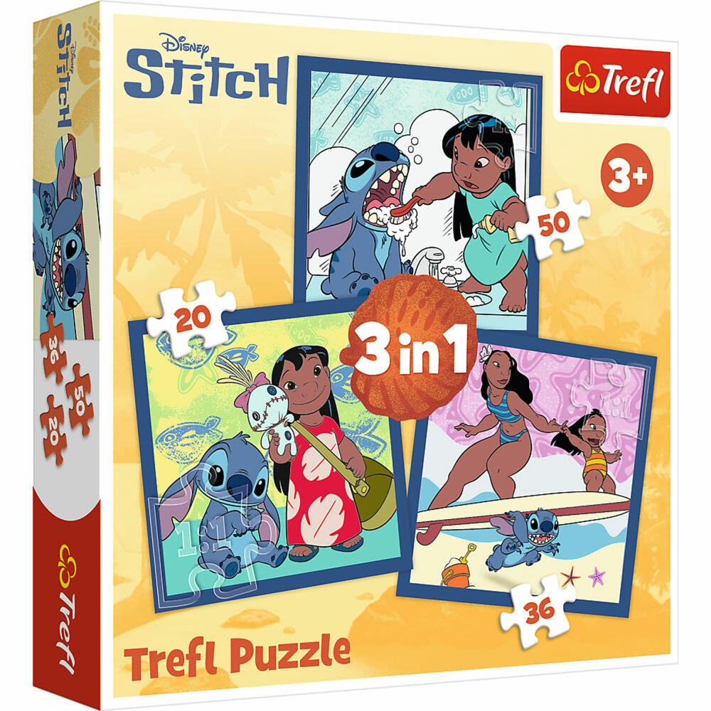 Trefl 3 in 1 Puzzle - Lilo & Stitch, Kinderpuzzle, Kinder, 20 + 50 + 36 Teile, 20 x 19.5 cm, 34896