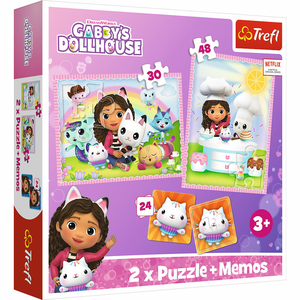 Trefl 2 in 1 Puzzles + Memo - Gabbys Dollhouse, 30 + 48 + 24 Teile, 27.5 x 20.5 cm, 93382