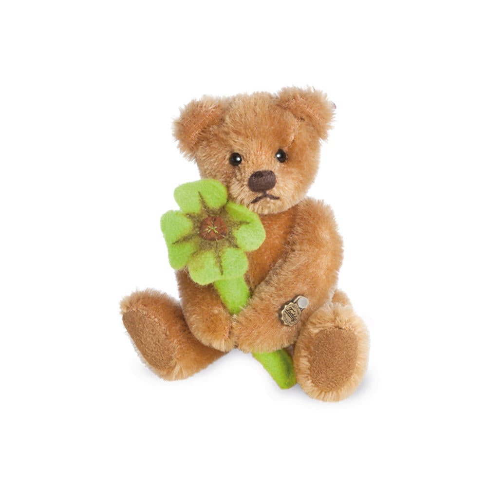 Teddy Hermann Miniatur Glücksteddy mit Kleeblatt, Miniaturbär, Sammelfigur, Mohairplüsch, 10 cm, 154921