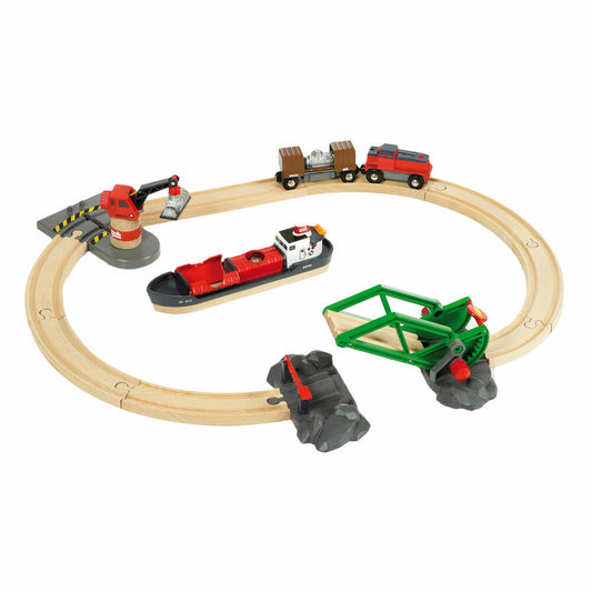 BRIO Container Hafen Set, 16-tlg., Zubehör für die Holzeisenbahn, Schiff, Holzspielzeug, Holz Spielzeug, 33061