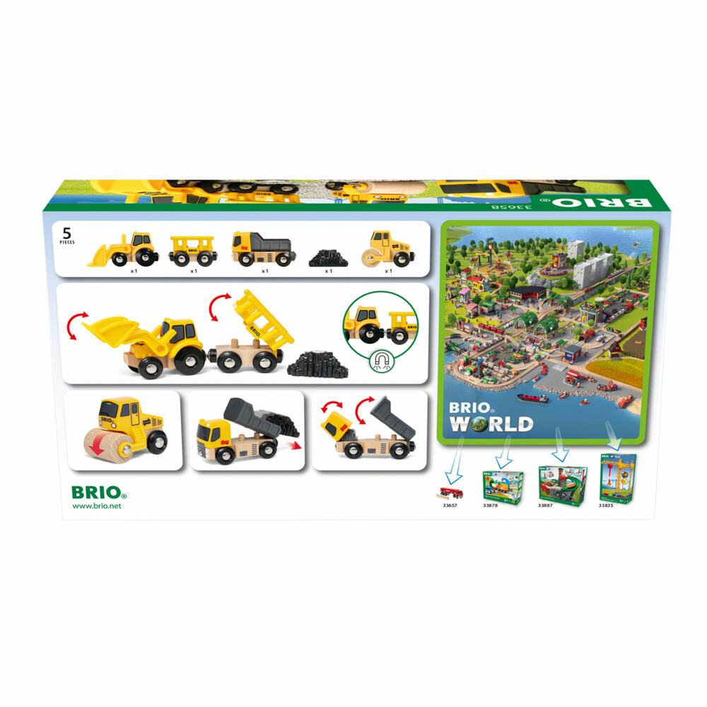 BRIO Construction Vehicles, 5-piece, Dump Truck, Road Roller, Front Loader, Construction Site, Vehicles, 33658