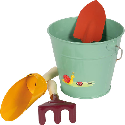 Legler Small Foot Handschaufel-Set mit Eimer Tiny Garden, Sandkasten, Outdoorspielzeug, ab 3 Jahre, Metall / Holz, Bunt, 12665
