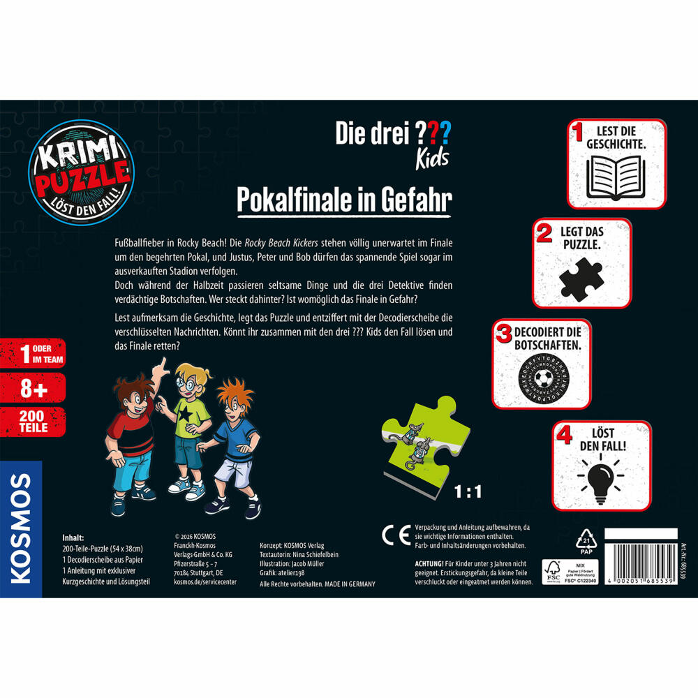 KOSMOS Krimipuzzle Die drei ??? Kids Pokalfinale in Gefahr, Krimi Puzzle, Kobelspiel, ab 8 Jahren, 685539