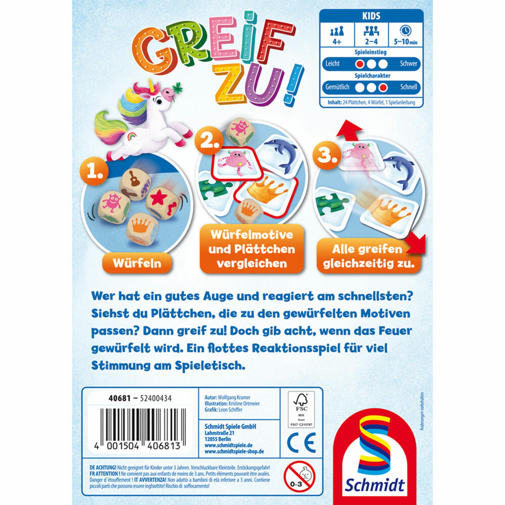 Schmidt Spiele Greif zu!, Reaktionsspiel, Kinderspiel, Würfelspiel, ab 4 Jahren, 40681