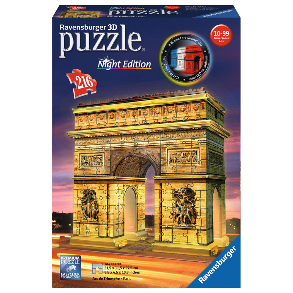 Ravensburger 3D Puzzle Bauwerke Triumphbogen Bei Nacht, Night Edition, Kinderpuzzle, Erwachsenenpuzzle, Puzzlespiel, Easy Click Technology, Inklusive Farbwechsel LED, 216 Teile, 12522 7