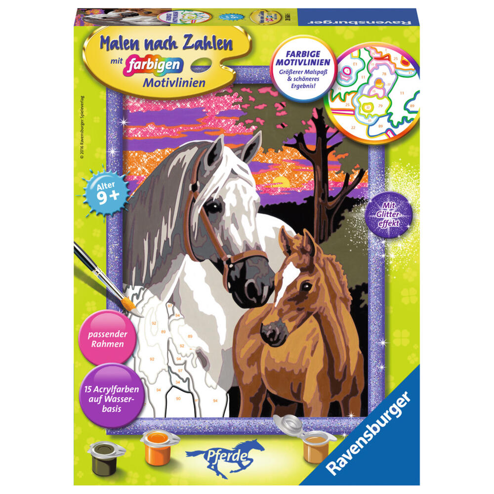 Ravensburger Malen Nach Zahlen Pferde im Sonnenuntergang, Mal Set, Malvorlage, Vorlage, Bild, Kinder, Farbige Motivlinien, 28568 6