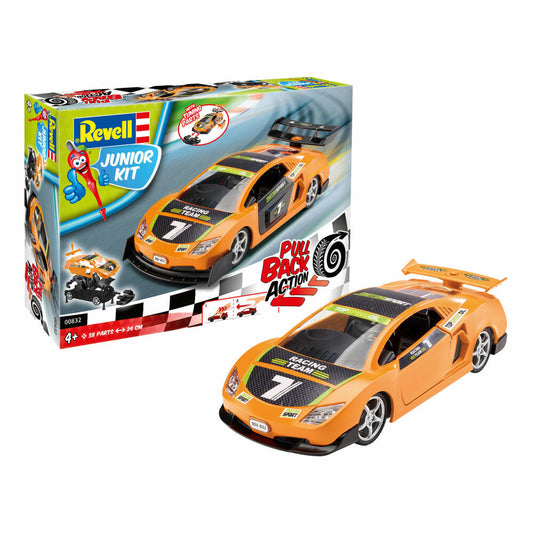 Revell Junior Kit Pull Back Racing Car, Rennauto, Orange, Modellbausatz für Kinder, 38 Teile, ab 4 Jahren, 00832