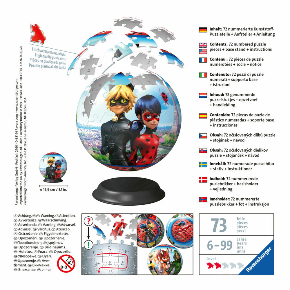 Ravensburger Puzzle Ball Miraculous, Puzzle Ball, Children's Puzzle, Children's Puzzle, 3D, 72 Pieces, 11167