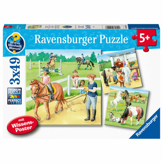 Ravensburger Puzzle How, What, Why A Day at the Riding School, Children's Puzzle, Puzzle, 3 x 49 Pieces, 05129