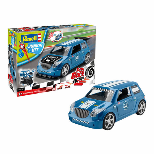 Revell Junior Kit Pull Back Rallye Car, Rennauto, Blau, Modellbausatz für Kinder, 36 Teile, ab 4 Jahren, 00834