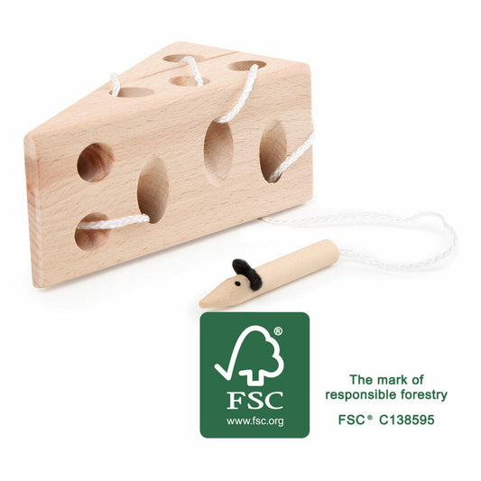 Legler small foot threading game cheese and mouse, wooden toy, motor skills game, patience game, game, wood, approx. 12 x 5 x 5.5 cm, from 3 years, 11053