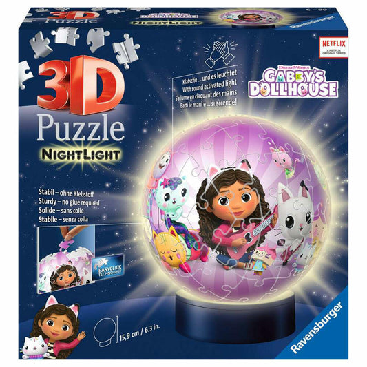 Ravensburger 3D Puzzle Ball Night Light Gabbys Dollhouse, Puzzle Ball, Puzzles, 72 Pieces, from 6 Years, 11575