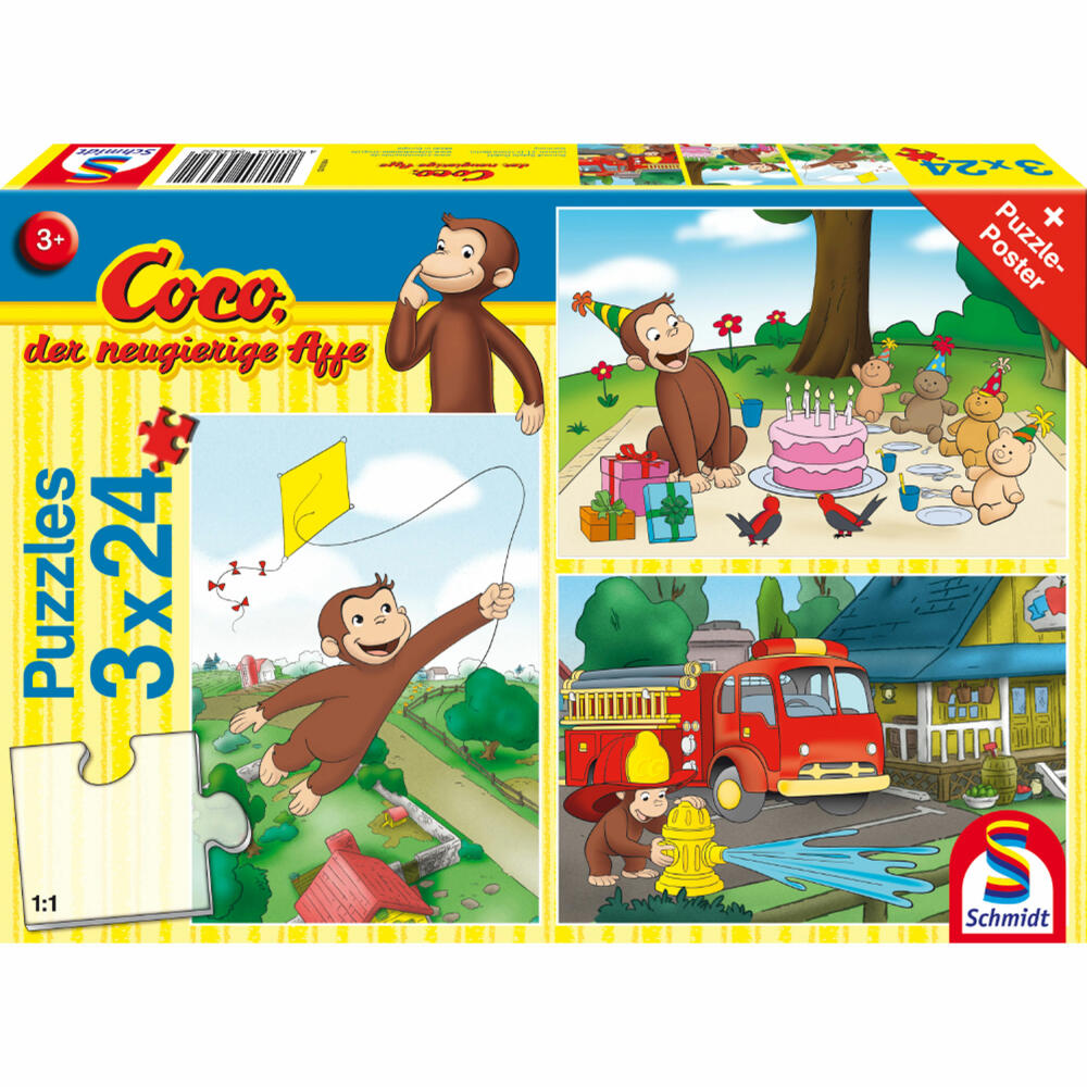 Schmidt Spiele Coco the curious monkey Fun with Coco, children's puzzle, children's puzzle, children's puzzles, 3 x 24 pieces, 56432
