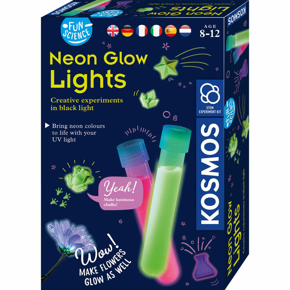 KOSMOS Fun Science Neon-Leuchten / Neon Glow Lights, Experimentierkasten, Kinder, Mehrsprachig, 616830