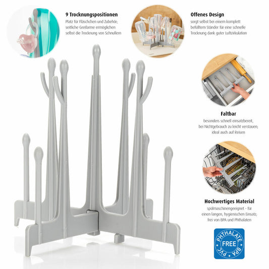 reer drying rack for baby bottles, draining rack, bottle holder, bottle stand, plastic, grey, 21041