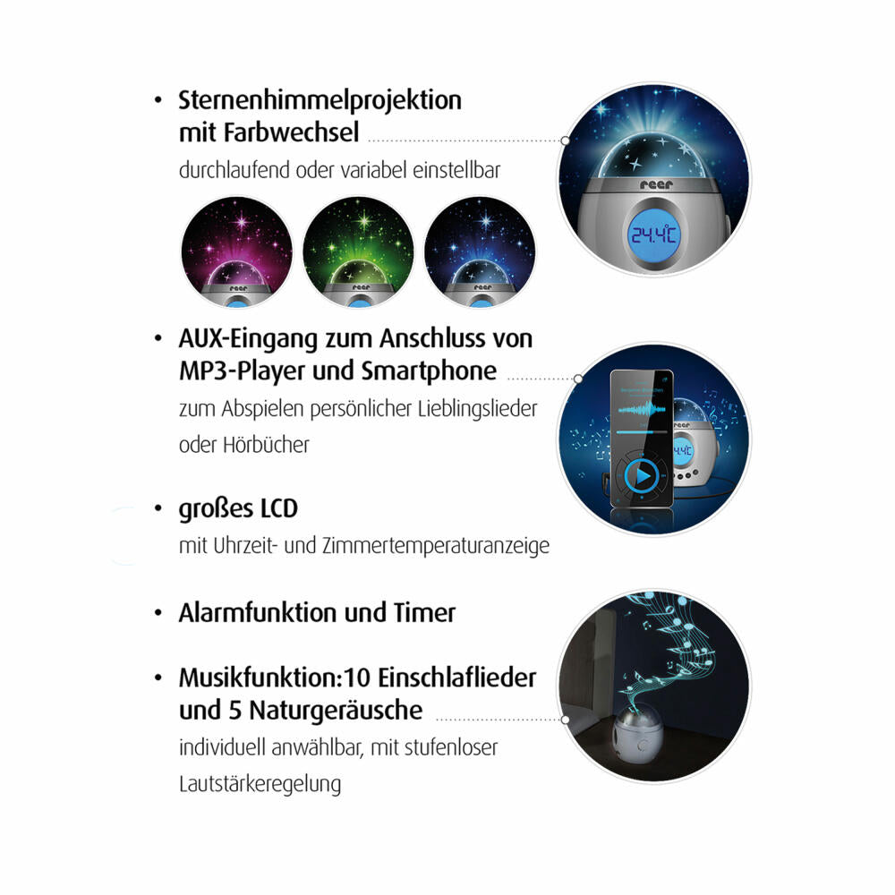 reer MyMagicStarlight Einschlaflicht, Nachtlicht mit Sternenprojektor, Sternenhimmel, Baby Nachtleuchte, Musikfunktion, 52050