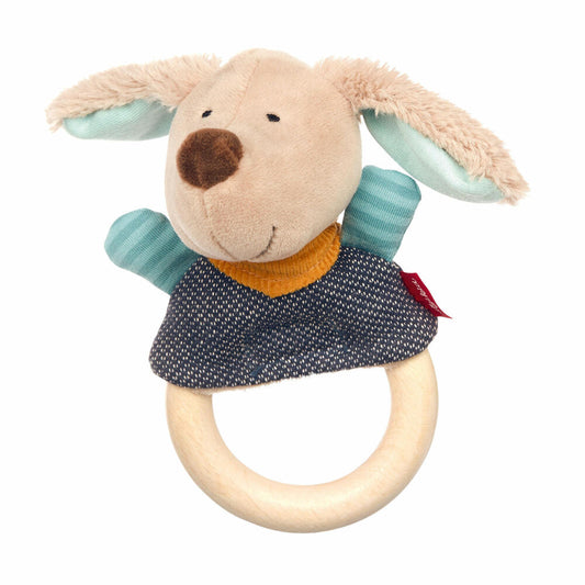 sigikid Hügge Hug Fingerpuppe-Greifring Hund, Rassel, Beißring, Greifling, Finger Puppe, Spielzeug, Blau / Beige, 39336