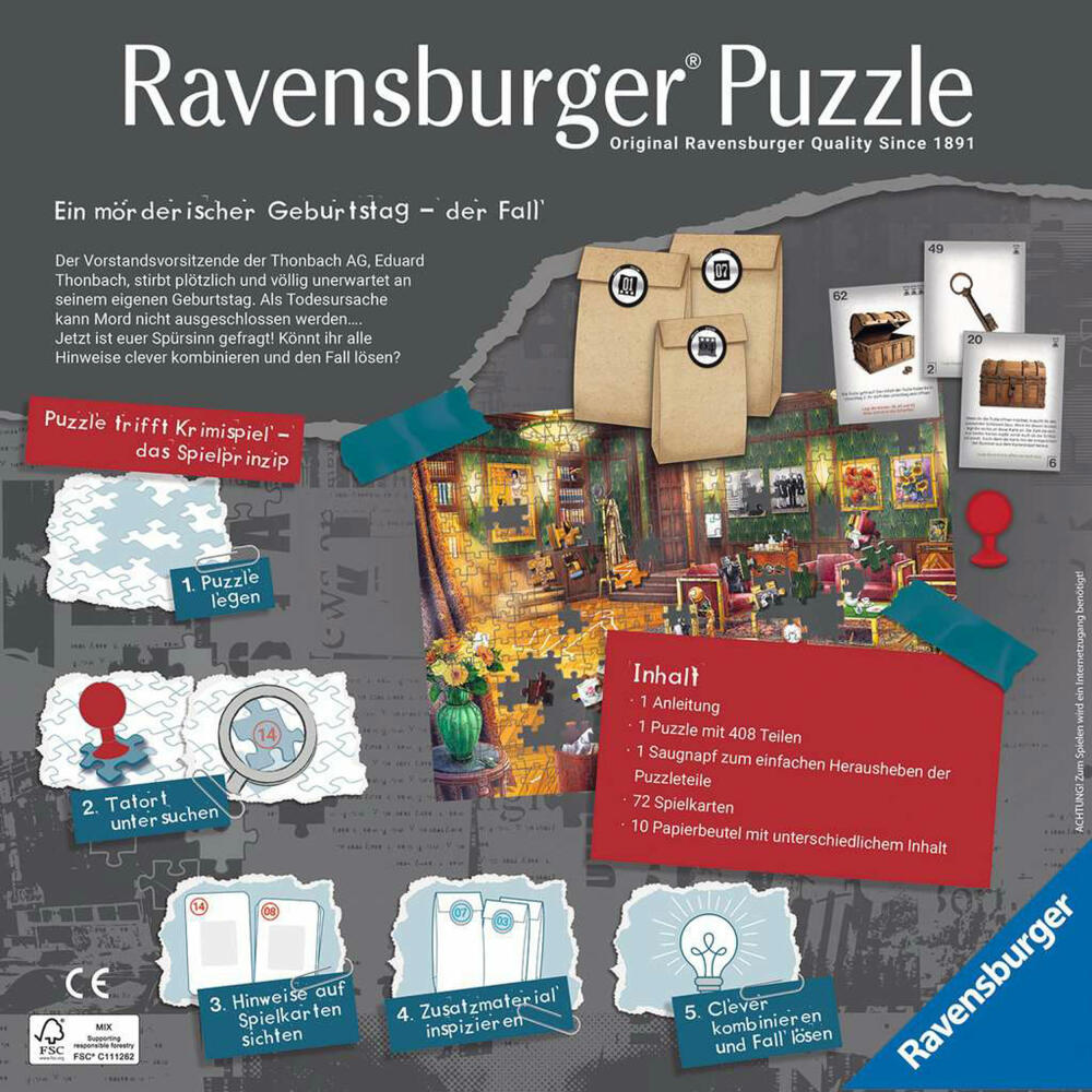 Ravensburger Puzzle X Crime: A Murderous Birthday, Crime Puzzle, Crime, 408 Pieces, Ages 12+, 17521