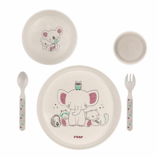 reer Growing Geschirr-Set LovelyFriends, 5-tlg., Kindergeschirr, Teller, Löffel, Gabel, Becher, Schale, 22020