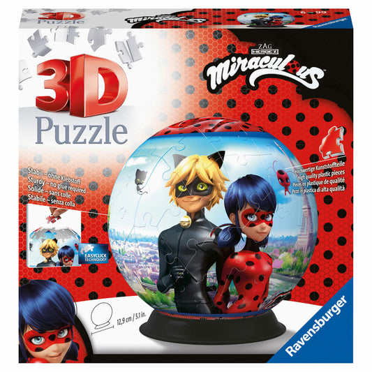Ravensburger Puzzle Ball Miraculous, Puzzle Ball, Children's Puzzle, Children's Puzzle, 3D, 72 Pieces, 11167